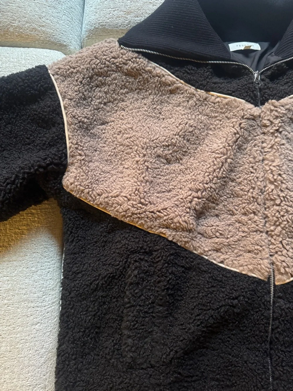 Promesa chevron colorblock fleece teddy fur Jacket in Black & Brown size L